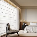 Modern Bedroom Interior Featuring Bed With White Sheets Open Wardrobe Lamp Vase And Blinds