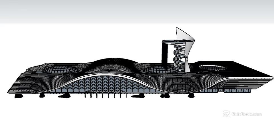 Modern Visitor Center Architecture With Wavy Roof Spiral Structure And Grid Facade 3d model 