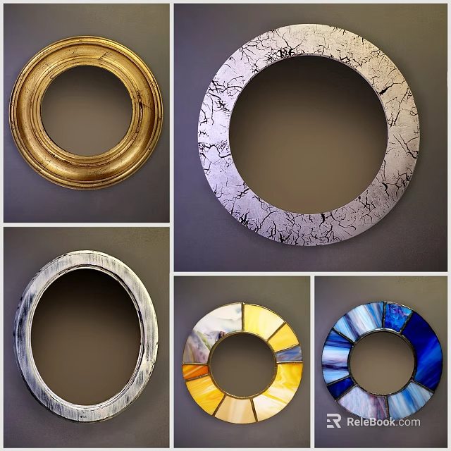 Decorative Round and Oval Mirrors with Gold Silver Crackle and Stained Glass Frames 3d model 