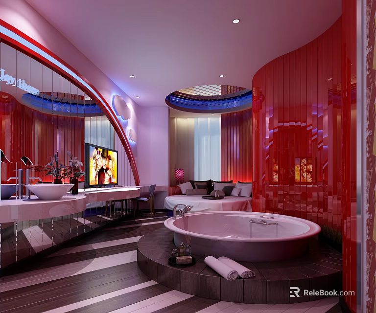 Stylish Red Themed Hotel Room With Bathtub TV Mirrors Sofa And Modern Design 3d model 