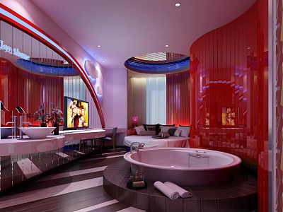 Stylish Red Themed Hotel Room With Bathtub TV Mirrors Sofa And Modern Design 3d model