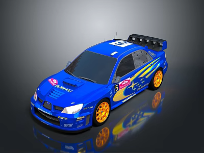 Blue Rally Car Number 5 With Yellow Wheels Stripes And Rear Spoiler 3d model