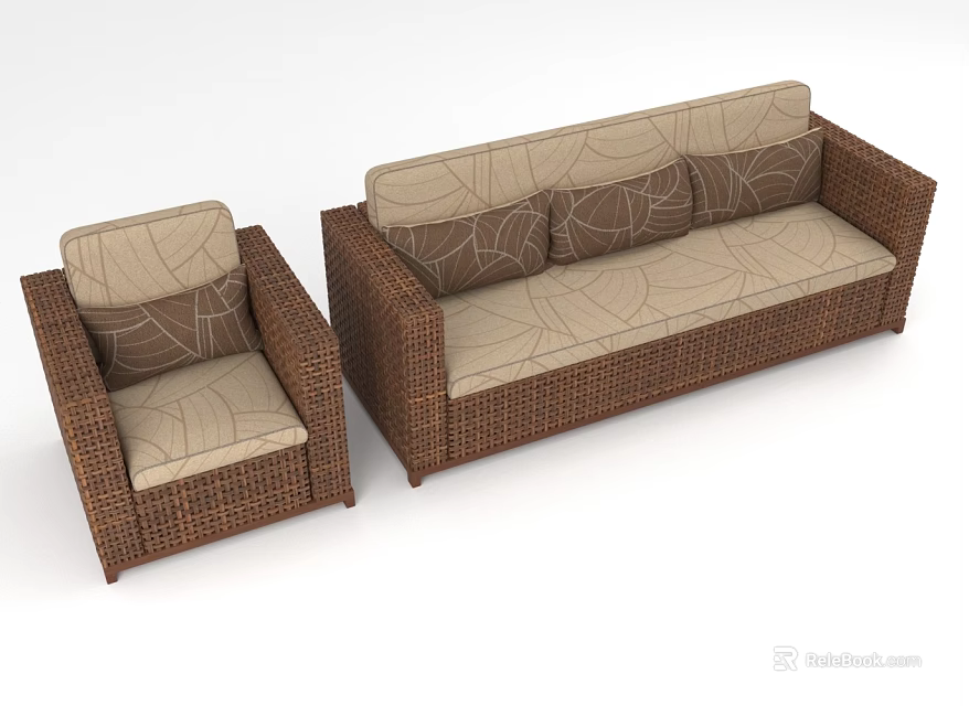 Rattan Sectional Sofa Set With Beige Patterned Cushions And Single Chair 3d model 