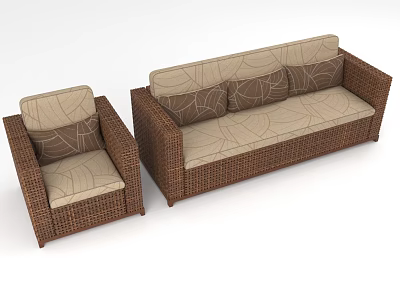 Rattan Sectional Sofa Set With Beige Patterned Cushions And Single Chair 3d model