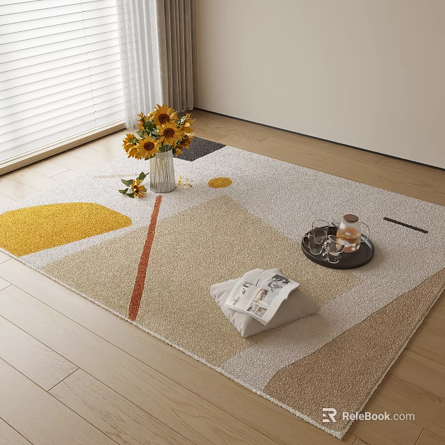 Square Rug with Geometric Patterns Beige Yellow Gray Sunflower Vase Tray Magazine on Wooden Floor 3d model 