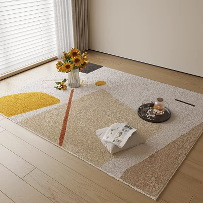Square Rug with Geometric Patterns Beige Yellow Gray Sunflower Vase Tray Magazine on Wooden Floor 3d model