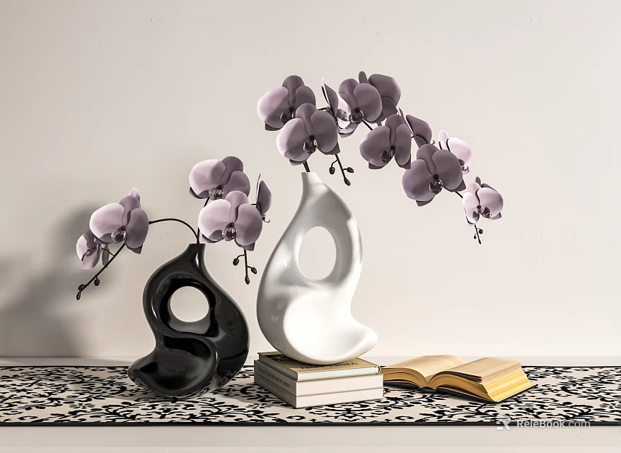 Modern Black And White Vases With Purple Orchids On Stacked Books And Open Book 3d model 