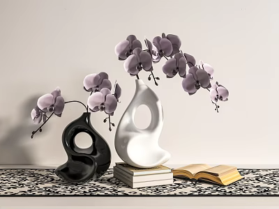 Modern Black And White Vases With Purple Orchids On Stacked Books And Open Book 3d model