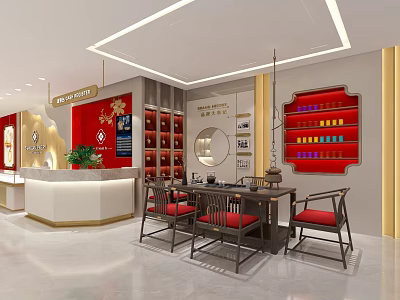 Elegant Modern Jewelry Store Interior With Glass Display Cases Red Decor And White Counter 3d model