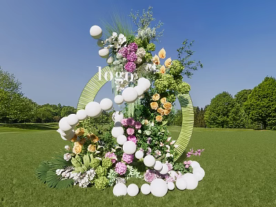 Outdoor Floral Installation With Circular Structure White Spheres Green Plants And Colorful Flowers 3d model