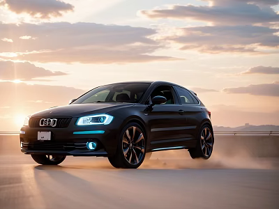 Black Audi SUV Driving On Road During Sunset With Dust And Cloudy Sky 3d model