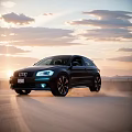 Black Audi SUV Driving On Road During Sunset With Dust And Cloudy Sky