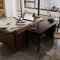 Stylish Modern Living Room Interior With Brown Sofa Chandelier Round Coffee Table And Decorative Paintings