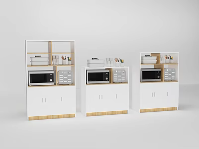 White Decorative Cabinets With Microwave Drawers Open Shelves And Dishes Cups Stationery 3d model