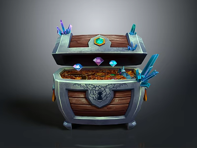 Vintage Open Jewelry Storage Chest With Gold Coins Gemstones And Crystal Details 3d model