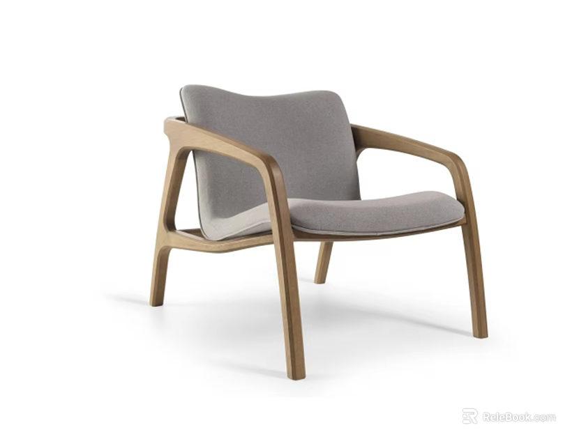 Modern Leisure Chair With Curved Wooden Frame And Gray Fabric Cushion 3d model 