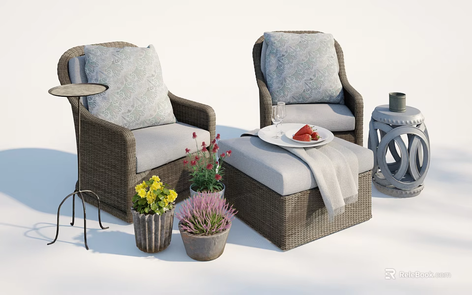 Wicker Outdoor Sofa Set With Comfortable Cushions Potted Plants And Side Table 3d model