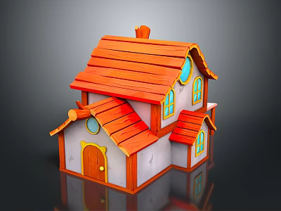 Cartoon Style Two Story House With Red Tiled Roof White Walls And Brown Door 3d model