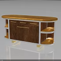 Elegant Modern Wooden Sideboard With Curved Top Gold Handles Open Shelves And Gold Legs