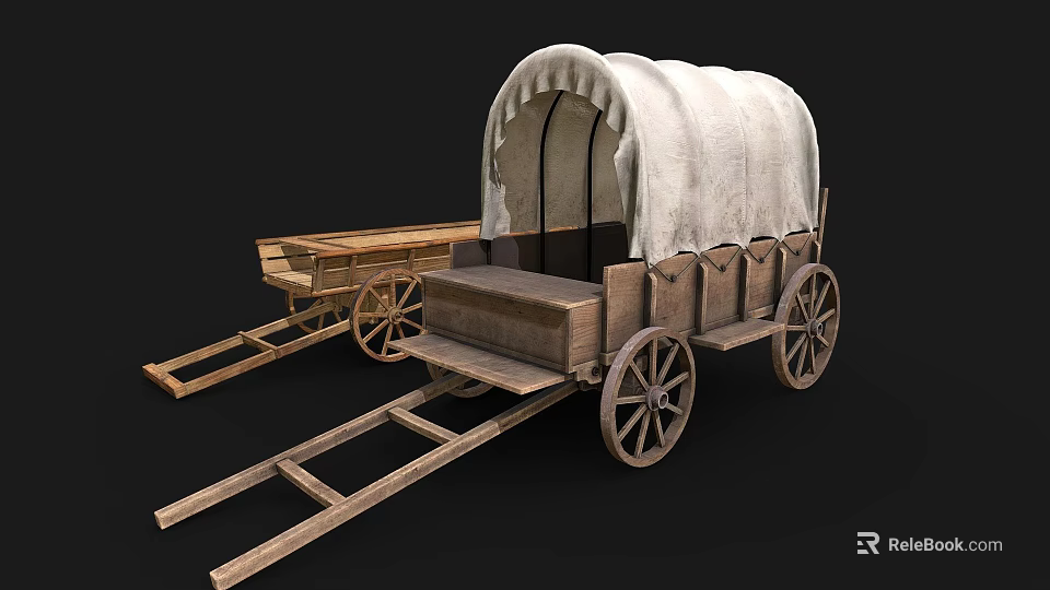 Classic Vintage Wooden Wagon With White Canvas Cover And Spoked Wheels 3d model 