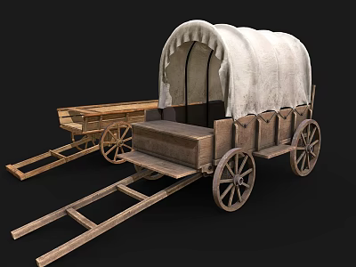 Classic Vintage Wooden Wagon With White Canvas Cover And Spoked Wheels 3d model