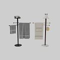 Stylish Bath Towels On Modern Towel Stand With Gray Beige Striped Design And Loofah