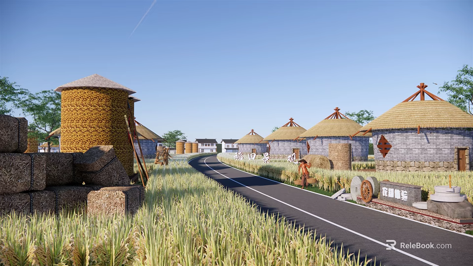 Scenic Countryside Landscape With Haystacks Round Roofed Huts And Wheat Fields Along The Road 3d model 