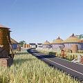 Scenic Countryside Landscape With Haystacks Round Roofed Huts And Wheat Fields Along The Road