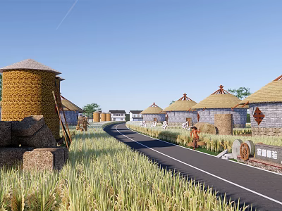Scenic Countryside Landscape With Haystacks Round Roofed Huts And Wheat Fields Along The Road 3d model