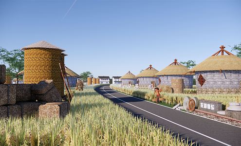 Modern Farmland Rice Industry Landscape Paddy Field Landscape Harvest Granary Straw Stacks Scarecrow Farming Experience High Standard Farmland 3d model