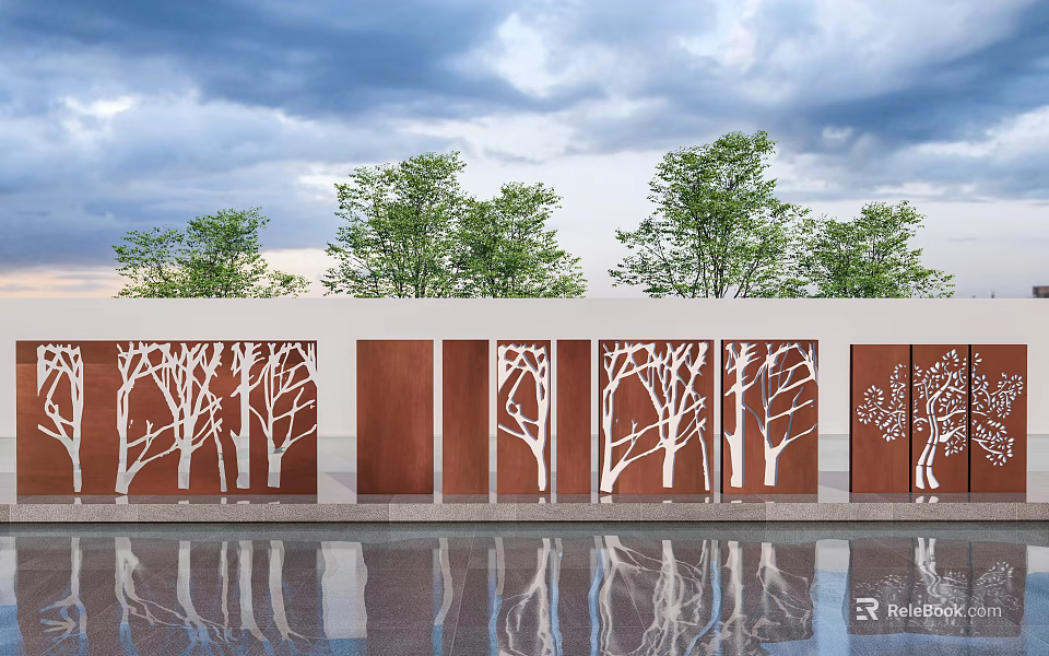 Modern Scenic Wall Design With Hollow-out White Tree Patterns Brown Panels And Water Reflection 3d model 