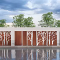Modern Scenic Wall Design With Hollow-out White Tree Patterns Brown Panels And Water Reflection