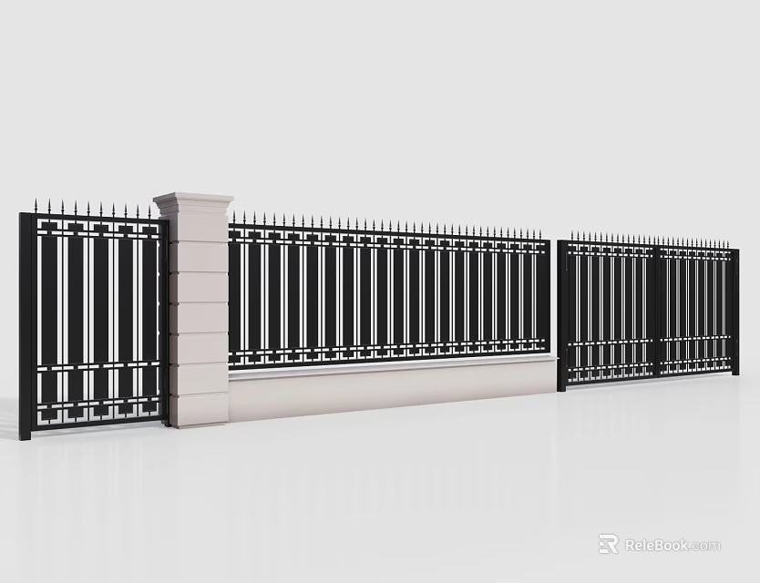 Building Exterior Wall With Black Iron Fence And Decorative Stone Pillars 3d model 