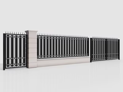 Building Exterior Wall With Black Iron Fence And Decorative Stone Pillars 3d model