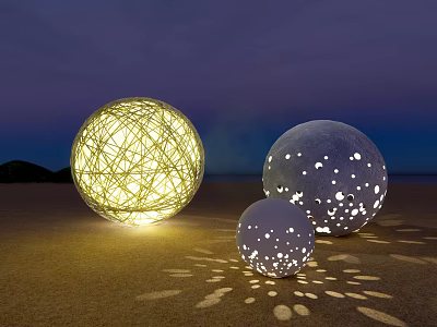 Spherical Outdoor Lights With Woven Design And Hollow Dots Projecting Light Spots On Beach 3d model