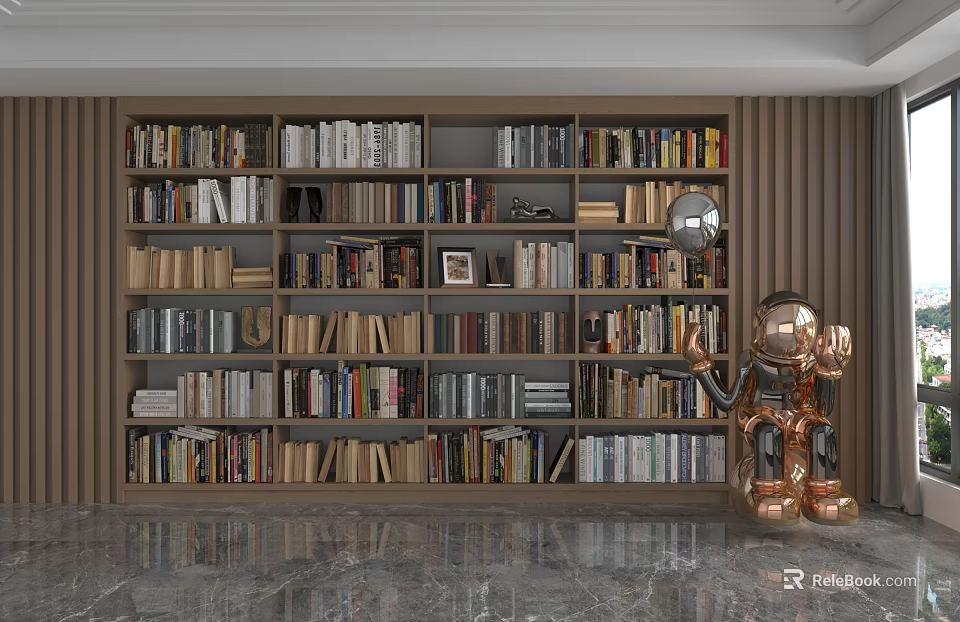 Modern Wooden Bookcase Shelving Unit Filled With Books And Decorative Sculpture In Contemporary Living Room 3d model 
