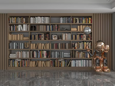 Modern Wooden Bookcase Shelving Unit Filled With Books And Decorative Sculpture In Contemporary Living Room 3d model
