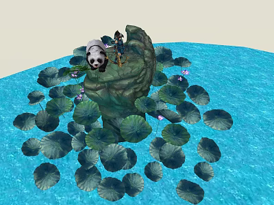 Scenic Water Area With Panda Character On Rock And Lotus Leaves 3d model