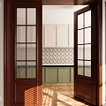 Open Wooden Double Doors Revealing Interior With Floral Murals And Parquet Floor