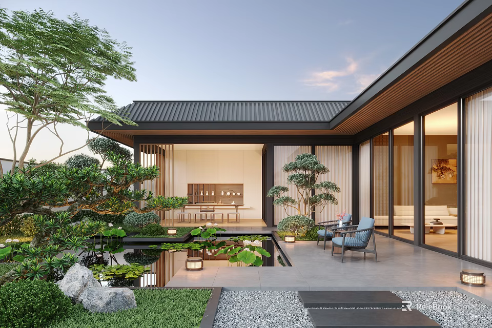 Traditional Courtyard Garden Design With Lush Greenery Lotus Pond Outdoor Seating And Wooden Structure 3d model 