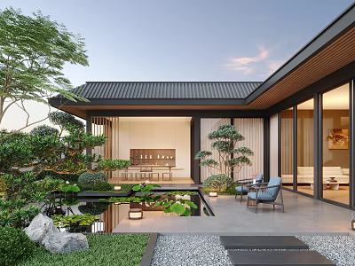 Traditional Courtyard Garden Design With Lush Greenery Lotus Pond Outdoor Seating And Wooden Structure 3d model