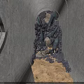 Concrete Tunnel Interior With Black Pipes Gravel And Sand Floor