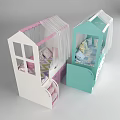 Cute Kids Bed with House Shaped Roof Pink Blue Canopy Curtains and Storage Drawers