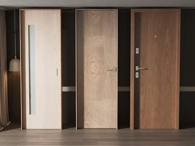 Modern Hinged Doors In Interior With Natural Wood Grain And Handle Details 3d model