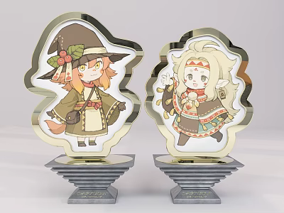 Decorative Ornament Set Featuring Cute Cartoon Characters With Golden Frames And Gray Decorative Bases 3d model