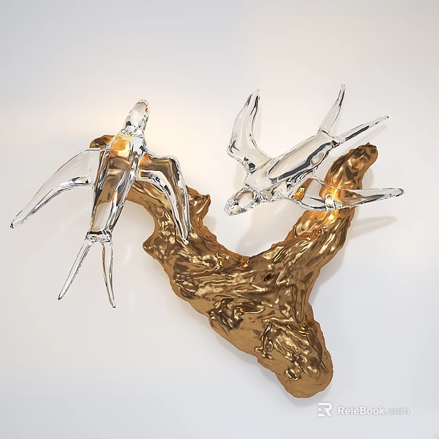 Artistic Wall Lamp Featuring Glass Swallow Design Gold Branch Base And Warm Light 3d model 
