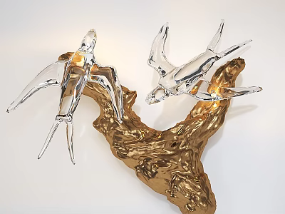 Artistic Wall Lamp Featuring Glass Swallow Design Gold Branch Base And Warm Light 3d model