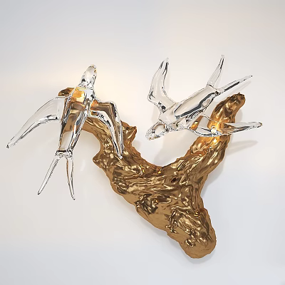 Artistic Wall Lamp Featuring Glass Swallow Design Gold Branch Base And Warm Light 3d model