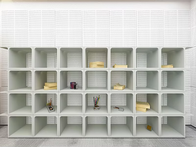 White Cubicle Storage Shelves With Books Mugs And Decorative Items 3d model