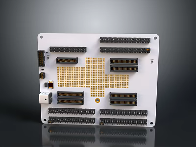 White Electronic Circuit Board With Multiple Black Connectors Grid Pattern And Components 3d model